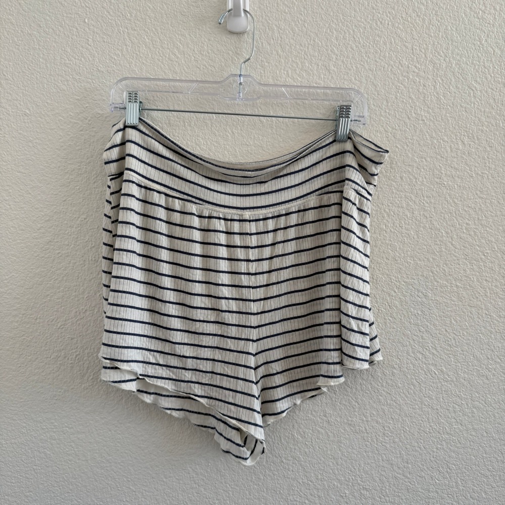 Aerie Striped Ribbed Knit Sleep Shorts Navy Cream Fold Over Loungewear Sleepwear